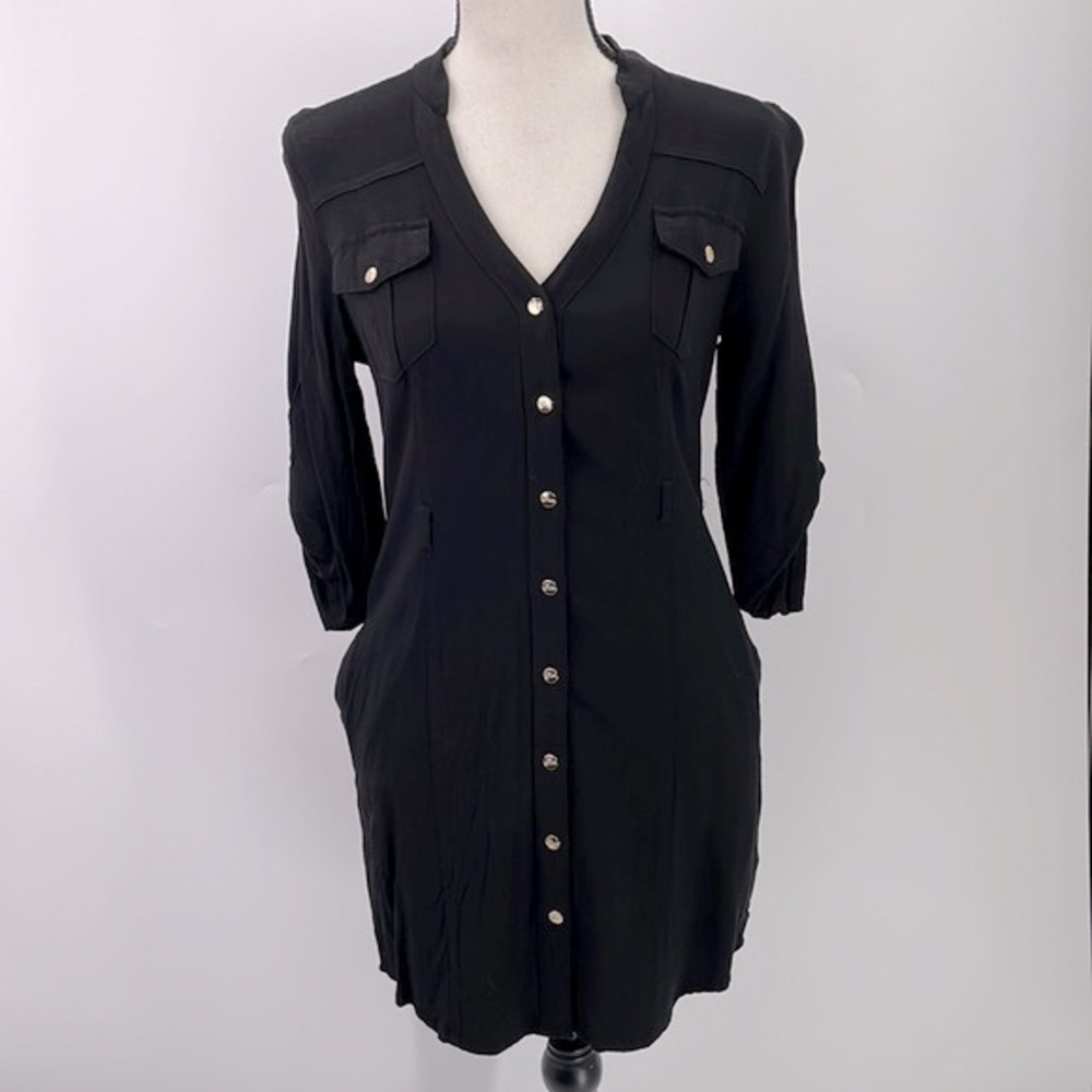UEC Guess rayon black button down dress gold button detail size small w/ pockets